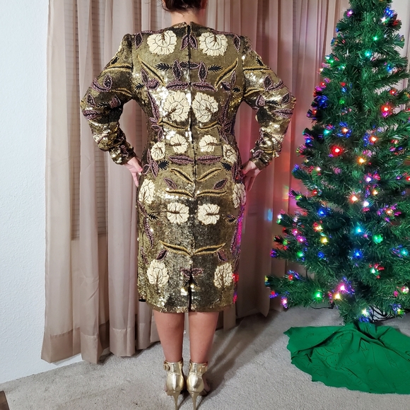 NWT Spectacular Beaded Sequin Gold Dress Gown - Picture 3 of 9